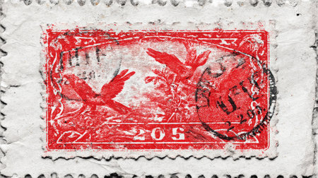 This image features a vintage red postage stamp showcasing beautiful birds and intricate artwork, perfect for collectors and history enthusiasts.の素材