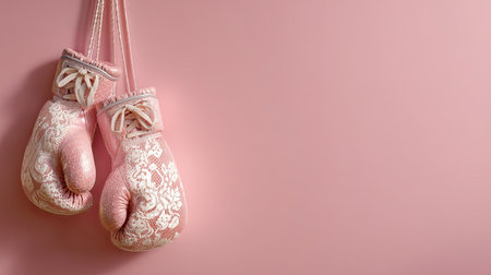 Stylish pink lace boxing gloves hang gracefully against a soft pink background, embodying elegance and femininity in fitness. A perfect blend of fashion and sport.の素材