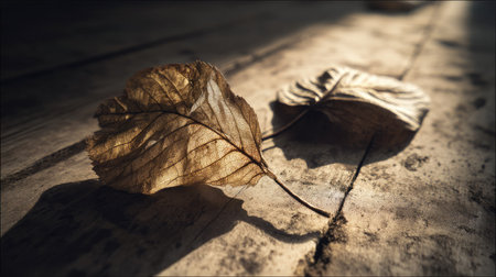 This image showcases dry leaves resting on a rustic wooden surface, illuminated by gentle sunlight. The warm tones and shadows create a tranquil atmosphere perfect for nature themes.の素材