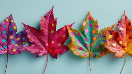 A stunning display of colorful leaves adorned with polka dots, showcasing an artistic touch. Ideal for seasonal decor or creative projects.の素材