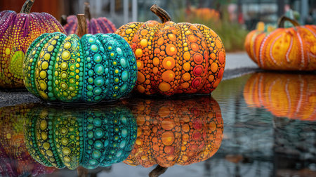 Colorful decorative pumpkins display bright hues of orange, green, and blue, beautifully reflecting in a calm water surface, capturing the essence of autumn beauty.の素材
