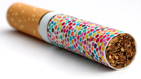 A vibrant cigarette featuring a multicolored polka dot wrapper showcasing tobacco filling, emphasizing design and modern smoking culture in a creative perspective.の素材