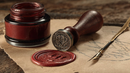 A vintage wax seal set with a quill pen resting on an antique letter, showcasing timeless craftsmanship and elegant detail. Perfect for historical themes.の素材