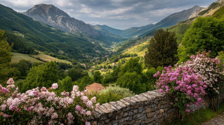 Stunning mountain landscape showcasing vibrant flowers in bloom, lush greenery, and a serene valley. A perfect representation of nature's beauty and tranquility.の素材