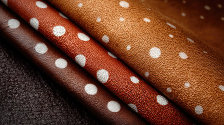 Close-up view of textured leather materials featuring white dots on a rich brown background. Perfect for fashion, upholstery, and design projects.の素材
