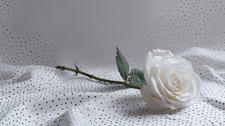 A graceful white rose rests on a soft polka dot fabric, showcasing delicate beauty and elegance. Perfect for conveying romance and serenity in visual designs.の素材