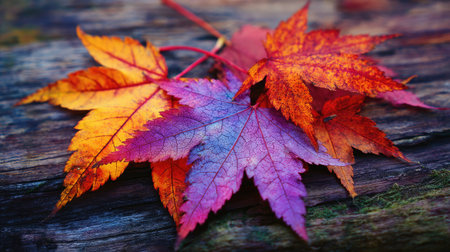 A beautiful collection of vibrant autumn leaves in rich hues of orange, red, and purple resting on a rustic wooden surface, showcasing natureの素材