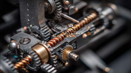 This close-up image showcases intricate mechanical gears and cogs, highlighting the beauty of engineering and craftsmanship in motion.の素材