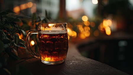 Warm ambient light complements a beer mug filled with amber liquid, creating a cozy atmosphere perfect for relaxation and social gatherings.の素材