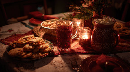 Delightful Christmas table setting featuring homemade cookies, festive drinks, and warm candlelight, creating an inviting atmosphere for gatherings.の素材