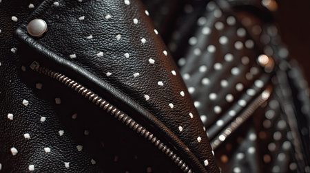 This close-up photo showcases a textured black leather jacket adorned with white studs, ideal for fashion enthusiasts and stylish outfit inspiration.の素材