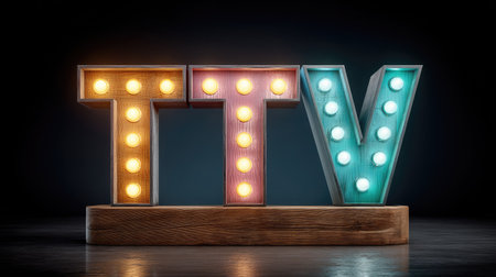 Illuminated letters TTV showcase a vintage style with colorful lights in a dark setting, perfect for creating a charming and playful ambiance.の素材