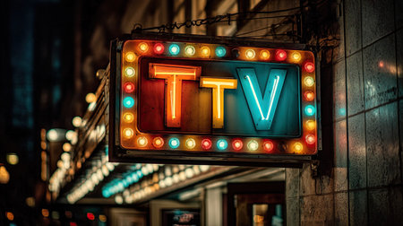 A vibrant vintage neon sign shines brightly at night, creating a captivating urban atmosphere. This colorful display adds character to any city street scene.の素材