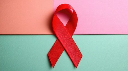 A vibrant red ribbon rests elegantly on a colorful background, symbolizing awareness and support for various health issues. Perfect for campaigns and advocacy.の素材