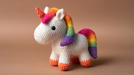 Adorable handcrafted unicorn toy featuring a vibrant rainbow mane. Perfect for nursery decoration, playful gifts, or whimsical art displays.の素材