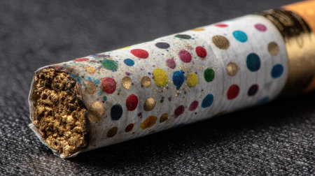 Close-up view of a uniquely designed cigarette wrapped in colorful confetti, presenting a vibrant and festive look suitable for party themes or creative designs.の素材