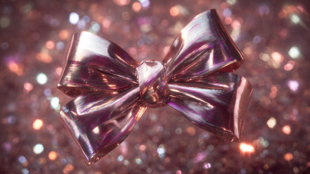 A beautiful shiny pink bow stands out against a soft glitter background, perfect for celebrations and gift wrapping. This elegant design adds a festive touch to any occasion.の素材
