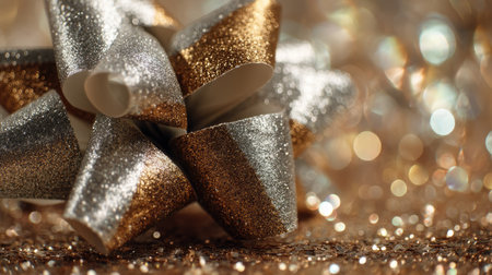 A close-up view of a shimmering silver and gold gift bow resting on a sparkling surface, ideal for festive themes and celebration visuals.の素材