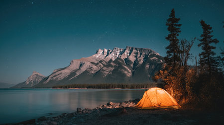 A tranquil campsite features a lit tent beside a calm lake, framed by majestic mountains under a starry night sky. Perfect for nature lovers and adventurers.の素材