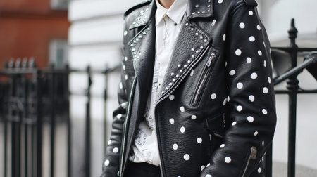 A stylish individual poses confidently in a trendy polka dot leather jacket against an urban backdrop. The outfit reflects modern street fashion aesthetics.の素材