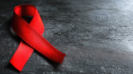 A vibrant red awareness ribbon placed on a dark surface symbolizes support for health-related causes, especially for HIV and AIDS awareness campaigns.の素材