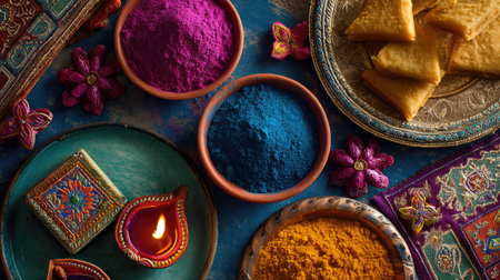 A vibrant arrangement showcasing colorful spices, traditional sweets, and decorative elements. Perfect for representing festive celebrations and cultural heritage.の素材