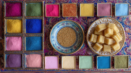 This image features an array of colorful powders and sweet treats arranged artfully on an ornate tray, showcasing vibrant colors and cultural richness.の素材