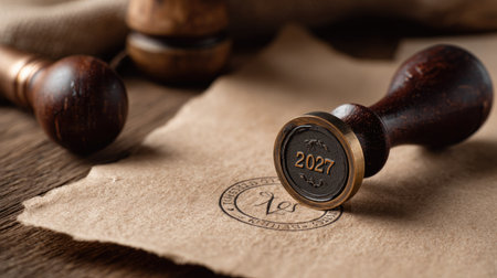 Elegant vintage seal stamp featuring a 2027 impression on aged paper. Ideal for projects highlighting tradition, authenticity, and craftsmanship in design.の素材