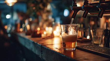A beautifully captured moment of golden beer being poured into a glass at a cozy bar. The warm ambiance and soft lighting create a relaxing atmosphere perfect for socializing.の素材