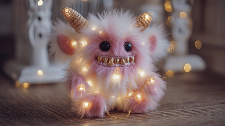 This playful toy creature features fluffy pink fur, sparkling horns, and is adorned with warm holiday lights, creating a charming and whimsical festive atmosphere.の素材