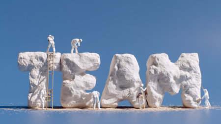 A unique visualization of teamwork featuring miniature figurines constructing the word "TEAM" from textured materials against a bright blue background.の素材