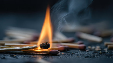 A striking close-up image of a matchstick igniting, producing smoke and flames, set against a dark background dotted with scattered matches. Perfect for themes of warmth, ignition, and transformation.の素材