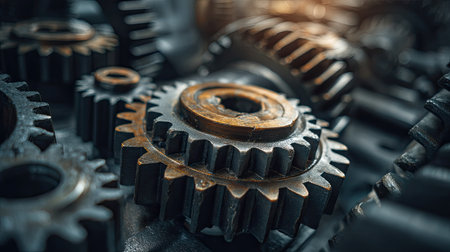 This close-up image showcases rusty metal gears, highlighting industrial mechanics and design. The intricate details of each cog symbolize the essence of machinery.の素材