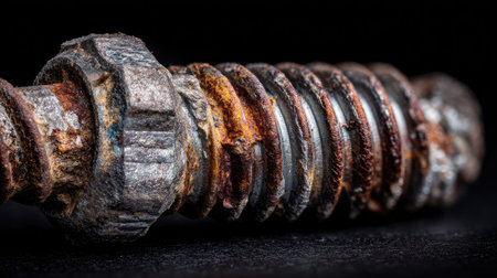 A detailed close-up of a rusty screw laying on a dark surface, showcasing intricate textures and corrosion, ideal for industrial or repair themes.の素材