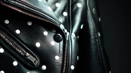 A stylish close-up of a black leather jacket adorned with white polka dots. The detailed zipper adds a modern touch to this fashionable piece.の素材