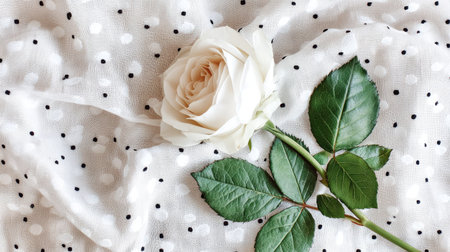 A beautifully crafted image featuring a delicate white rose resting on a polka dot background, showcasing the natural elegance and softness of flowers, perfect for decor or inspiration.の素材