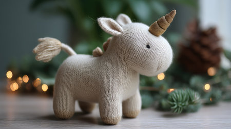 A charming woolen unicorn toy rests on a soft background, embodying warmth and whimsy. Perfect for gifts or decor, this handmade piece brings joy to any space.の素材