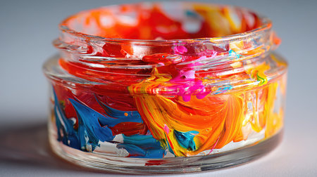 Close-up of a glass jar filled with vibrant, swirled paint colors showcasing an abstract mix of orange, blue, red, yellow, and pink, perfect for art inspiration.の素材