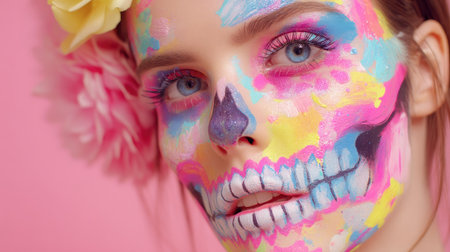 A stunning portrait of a girl showcasing vibrant face paint in a skull design, perfect for celebration. The cheerful colors and floral accessory enhance the festive atmosphere.の素材