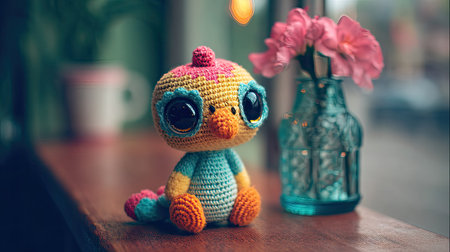 This adorable crocheted bird toy features vibrant colors and big eyes. Perfect for home decor or as a gift, it adds a whimsical touch to any space.の素材