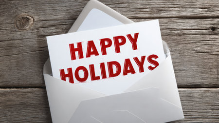A cheerful holiday greeting card displaying "Happy Holidays" in bold red letters, nestled inside an envelope on a rustic wooden background, conveying warmth.の素材