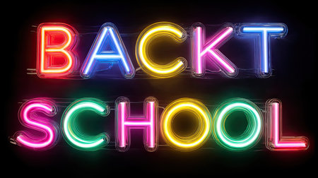 Eye-catching neon sign featuring the phrase "Back to School" in vibrant colors. Perfect for decorations, events, and promotions celebrating the new school year.の素材