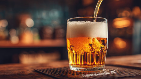 A beautiful glass of amber beer pours smoothly, creating a rich foam. The background evokes a cozy pub atmosphere, perfect for relaxation and enjoyment.の素材