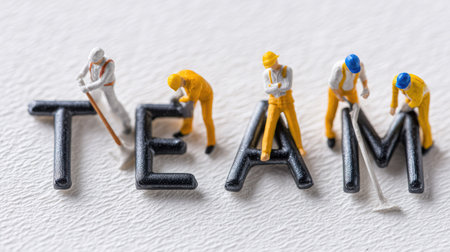Miniature figures work together to spell the word "TEAM" on a white background, showcasing collaboration and teamwork in a creative and unique way.の素材