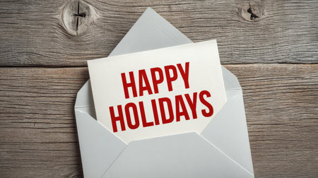 A charming greeting card nestled in a white envelope displays a vibrant "Happy Holidays" message, perfect for festive celebrations and seasonal joy.の素材