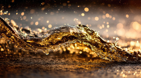 Captivating close-up of shimmering water waves, capturing droplets in motion. The golden highlights create a stunning visual with a bokeh effect. Perfect for nature themes.の素材