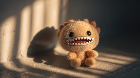 This adorable plush toy features a big-eyed character with spiky hair, bathed in soft light, casting playful shadows, perfect for conveying warmth and joy.の素材