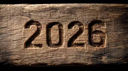 Close-up of a wooden block featuring the year 2026, intricately carved into its surface, showcasing natural grain and rustic charm. Perfect for celebration themes.の素材