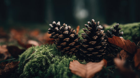 A close-up view of pine cones resting on lush green moss, surrounded by fallen brown leaves. This serene forest scene captures the beauty of nature in detail.の素材