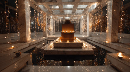 An enchanting indoor space featuring serene lighting and reflections. Softly lit candles create a tranquil ambiance, showcasing elegant marble architecture and serene water.の素材